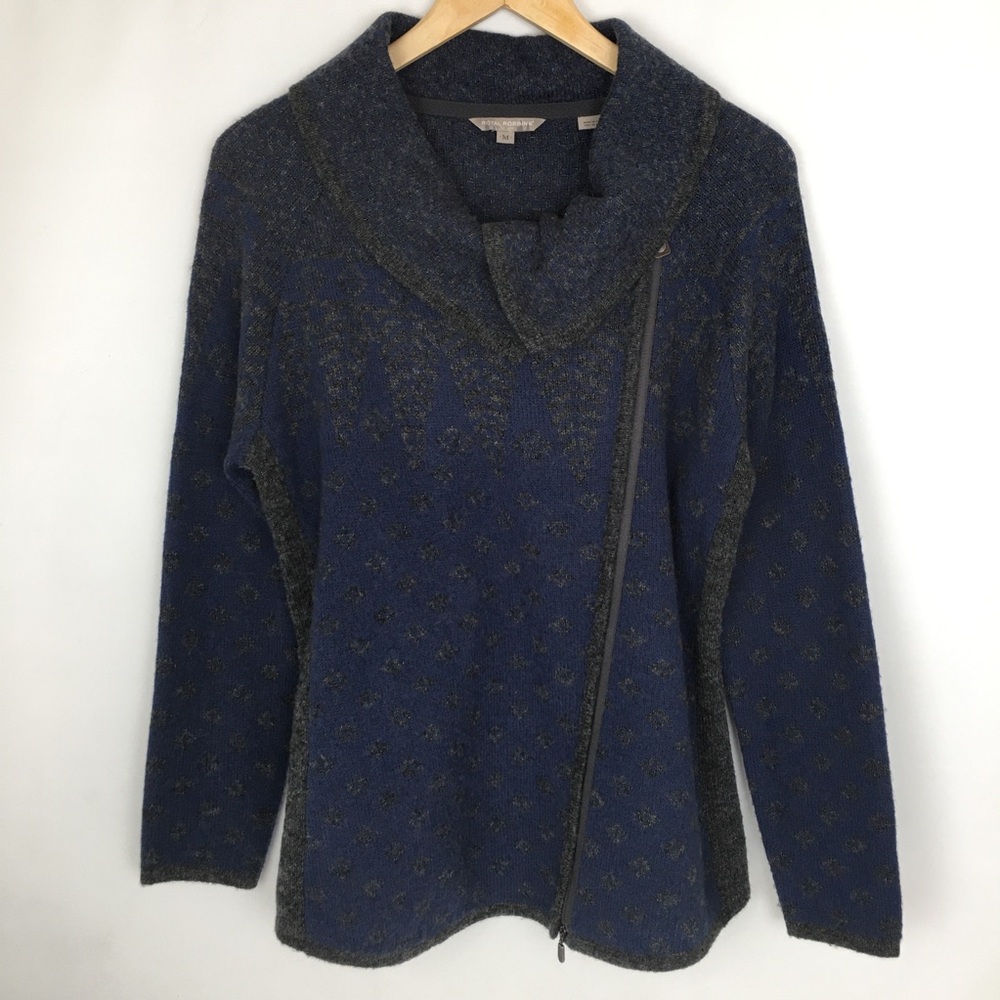 Royal Robbins Sweater Jacket Blue Gray Wool Blend Asymmetrical Zip Fair Isle